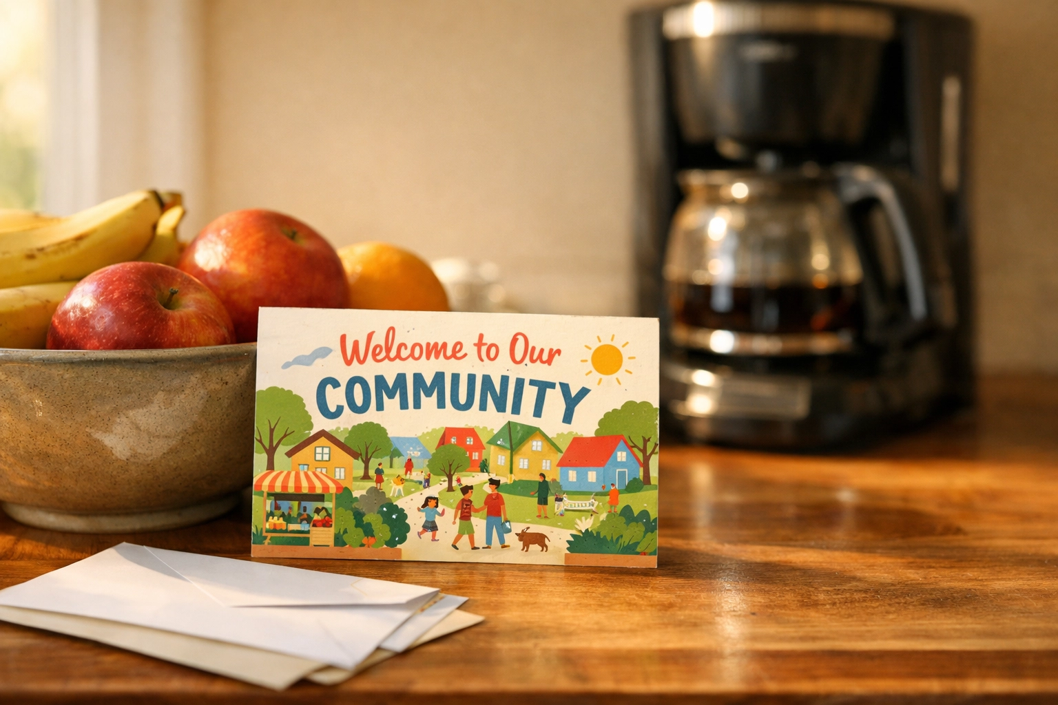 Community postcard on kitchen counter